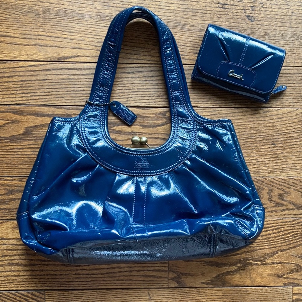 Coach blue patent shoulder with matching wallet.